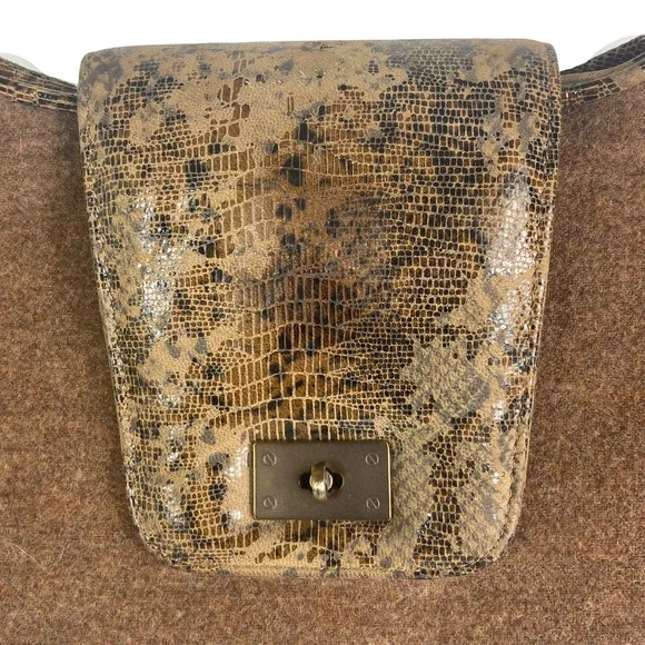 Worth Patent Leather Snakeskin Print Foldover Button Top Handle Fabric Wool Bag - Picture 3 of 12